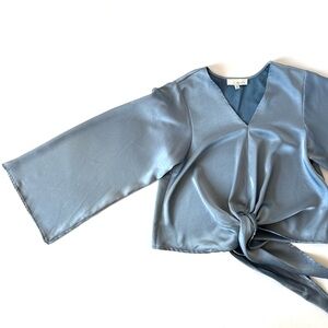 Silky Blue Tie-Front V-Neck Blouse